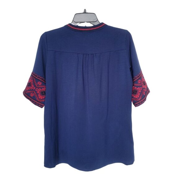 ⭐Women's Tunic top Sz S Embroidered Beach Boho Navy Blue Red geometric pattern⭐ - Picture 2 of 6